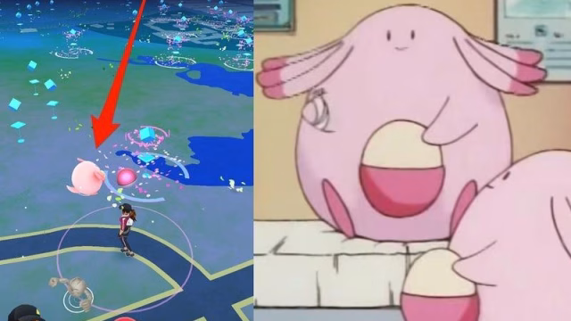 Chansey appearing in a high-density urban area in Pokémon GO, where increased PokéStop activity and player traffic often lead to better rare spawn rates