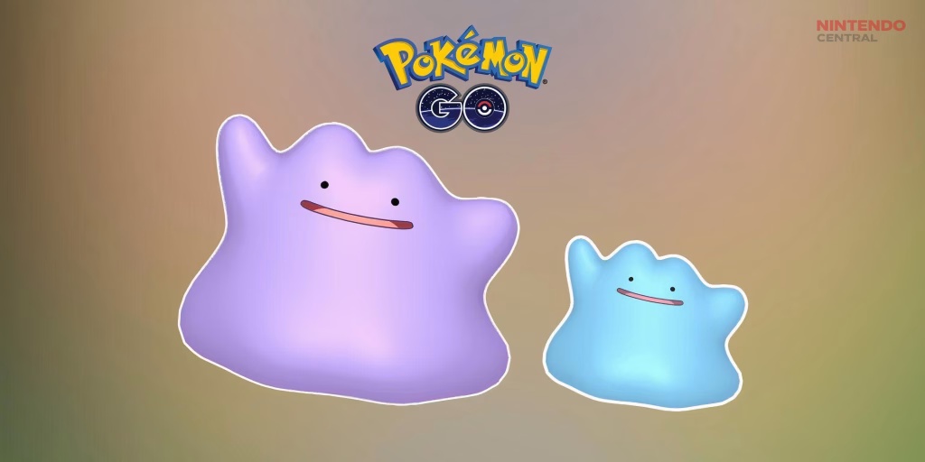 Comparison of normal and shiny Ditto in Pokémon GO, highlighting the rare blue shiny variant trainers can hunt. (Image via The Pokémon Company)