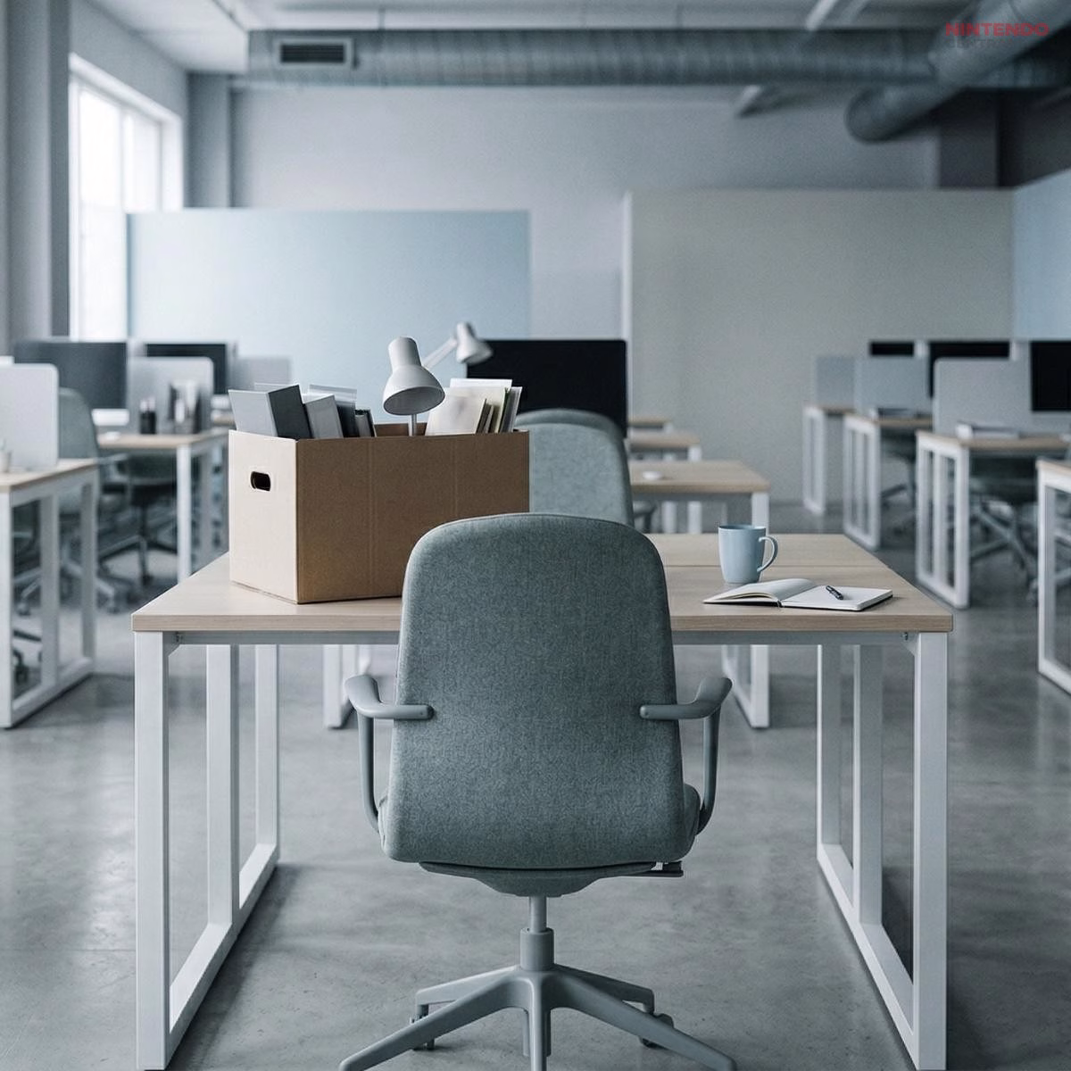Empty office desks after layoffs, symbolizing workforce reductions following major gaming studio acquisitions