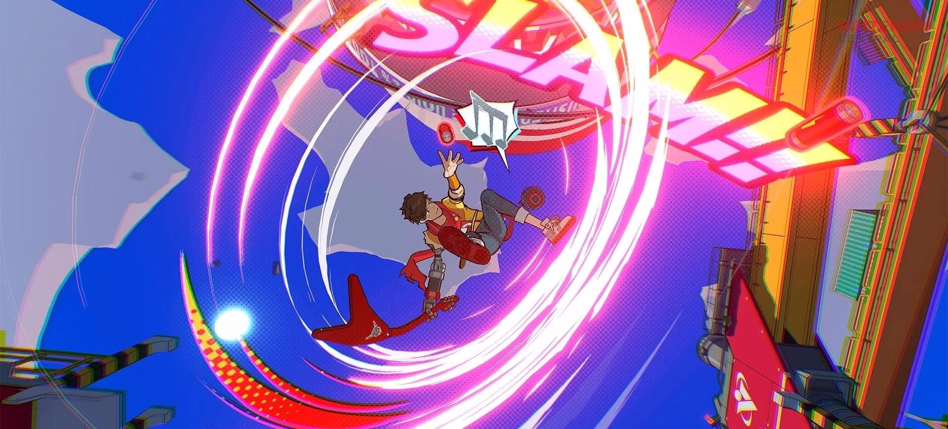 Hi-Fi Rush blends rhythm mechanics with stylish action gameplay. (Image via Bethesda Softworks)