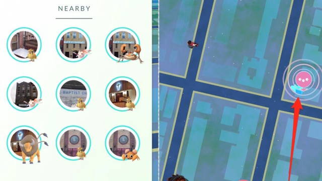 The Nearby radar in Pokémon GO shows Pokémon linked to PokéStops, helping players track and locate specific encounters efficiently. (Image via Niantic)
